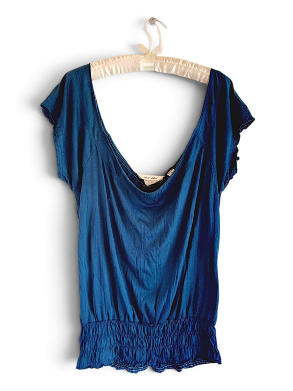 Derek heart teal Blue off shoulder Short Sleeve Smocked Waist Tee Size S boho